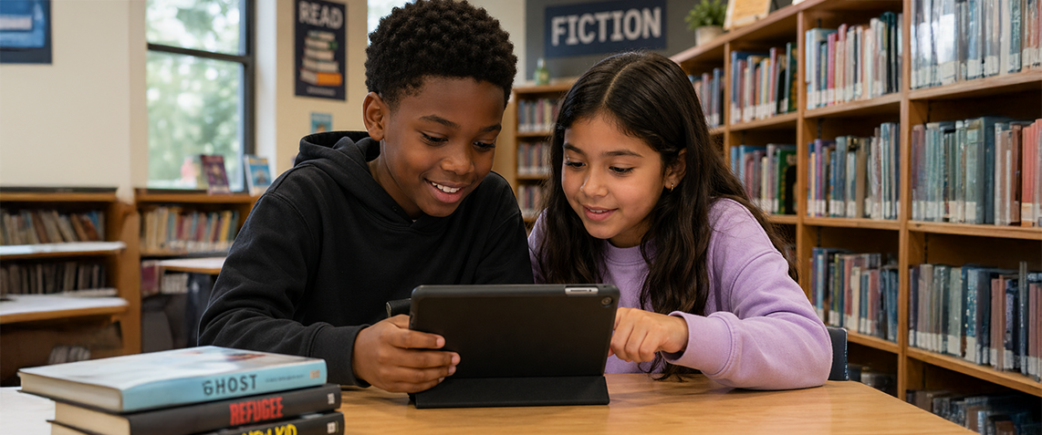 Students using reading program tools in a library